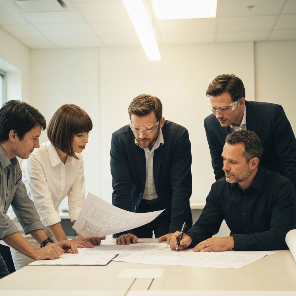 Professional team meeting reviewing blueprints